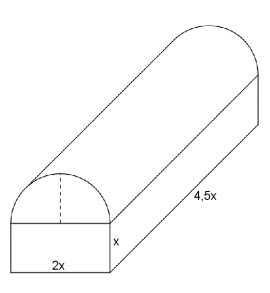 Figuren består av et rett firkantet prisme med en halvsylinder festet på toppen. Grunnflata i prismet har lengder 2x og 4,5x, mens høyden er x. Diameteren i halvsylinderen er 2x.